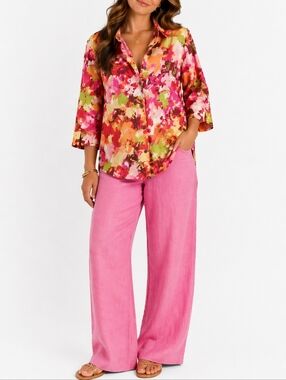 Chico's 100% Linen Bold Multicolor Abstract Floral 3/4 Sleeve Button Down Top